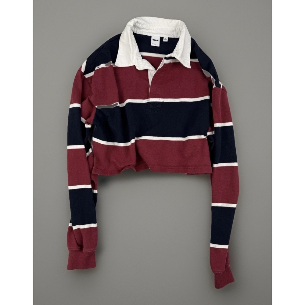 TNA Aritzia Cropped Rugby Shirt Small Red Navy Striped Preppy